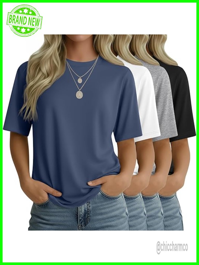 4 Pack Women's Half Sleeve T Shirts Crew Neck Loose Fit Casual Summer Tees